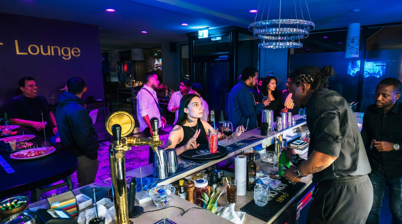 Comptoir rétroéclairé et barman